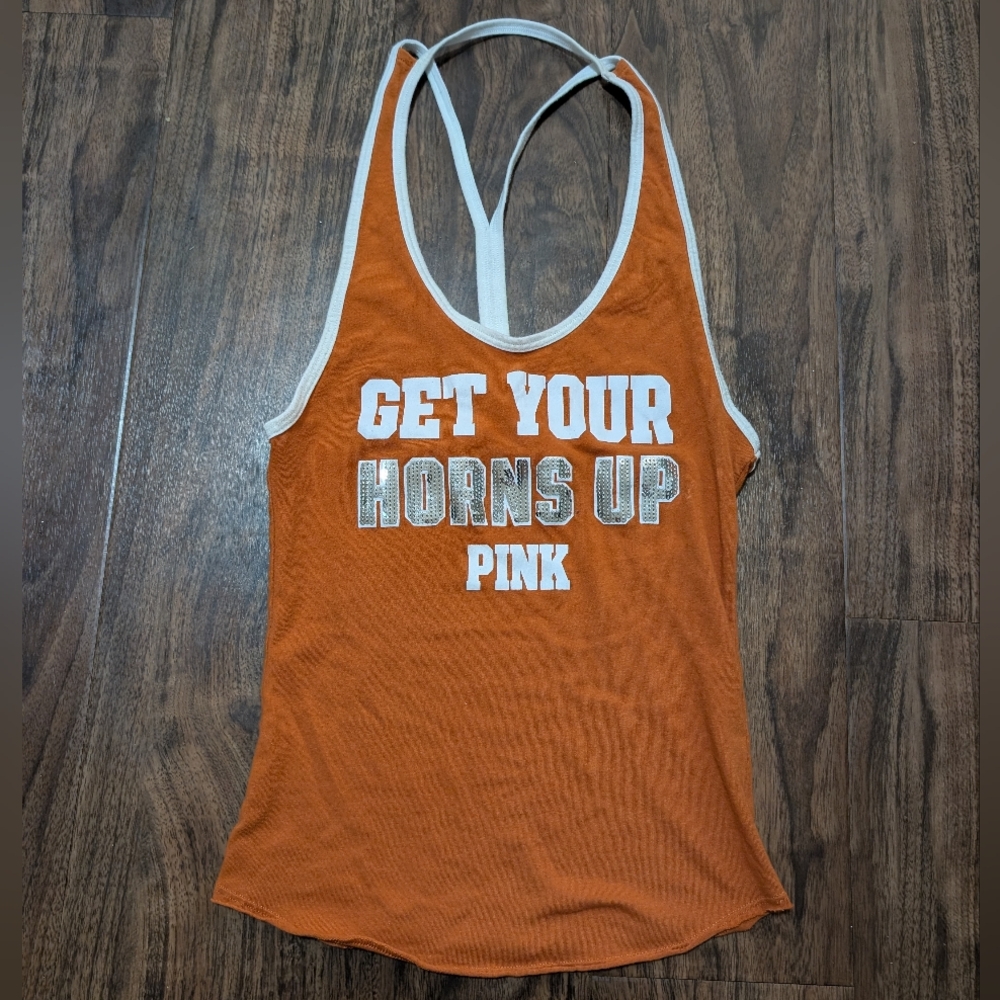 PINK Victoria's Secret S Orange Tank Top with White Trim Texas Longhorns